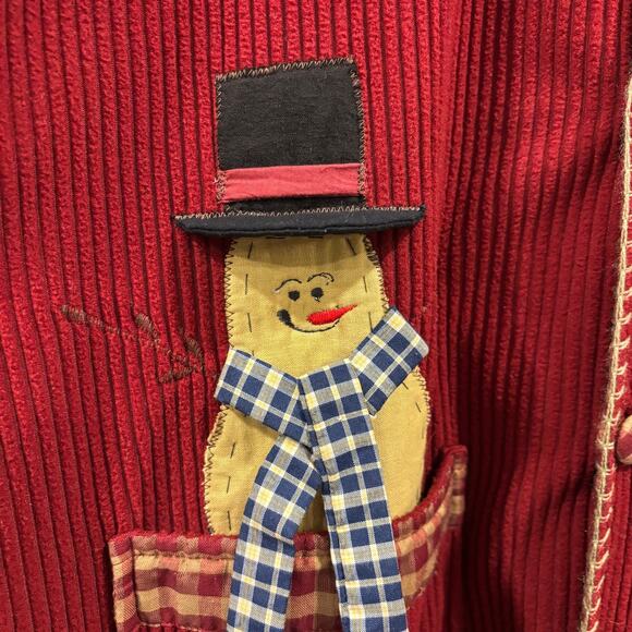 Vintage Ugly Christmas Sweater Cardigan, Red Corduroy Snowman Appliqué, Size XL - Picture 6 of 12